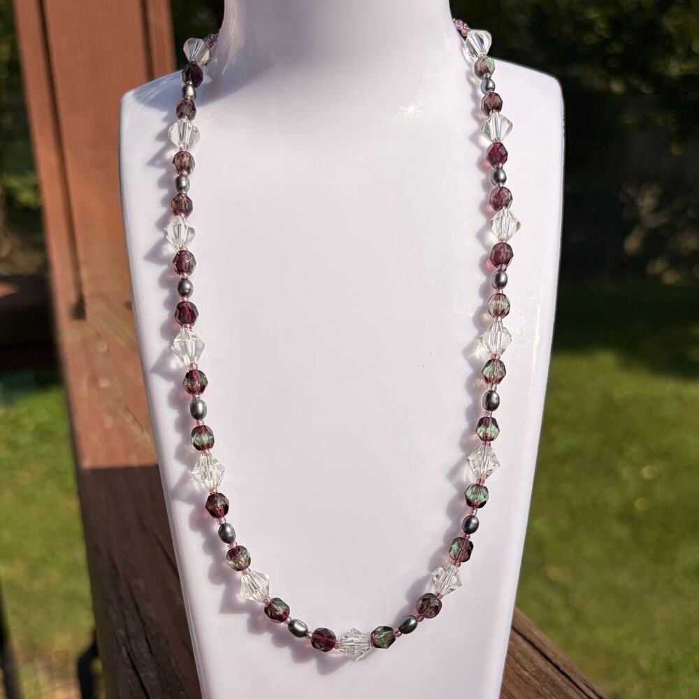 18" Handcrafted Brown Glass Bead Necklace Clear Crystal Heart Toggle Clasp
